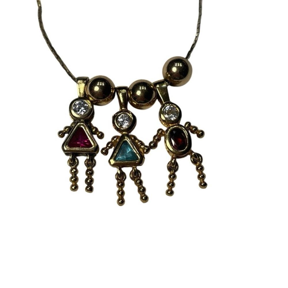 24" Chain Necklace Vintage 925 Vermeil 3 Birthstone Kid Charms Pink Red Blue